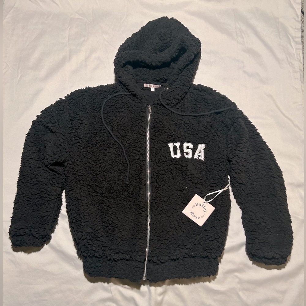 Bailey Rose Women’s Sherpa Style Black USA Patriotic Hoodie New NWT Size XS